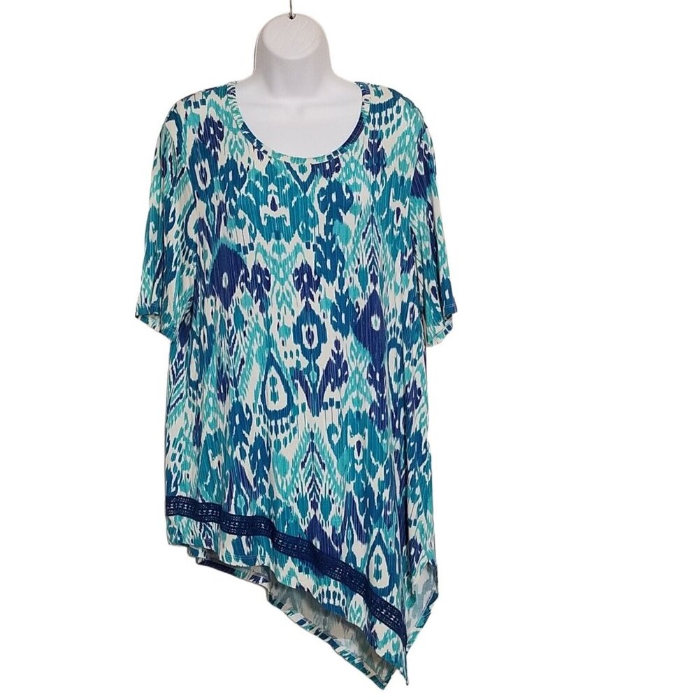 Chicos Top Womens Large 2 Blue Abstract Ikat Popover Asymmetrical Hem Short Slee